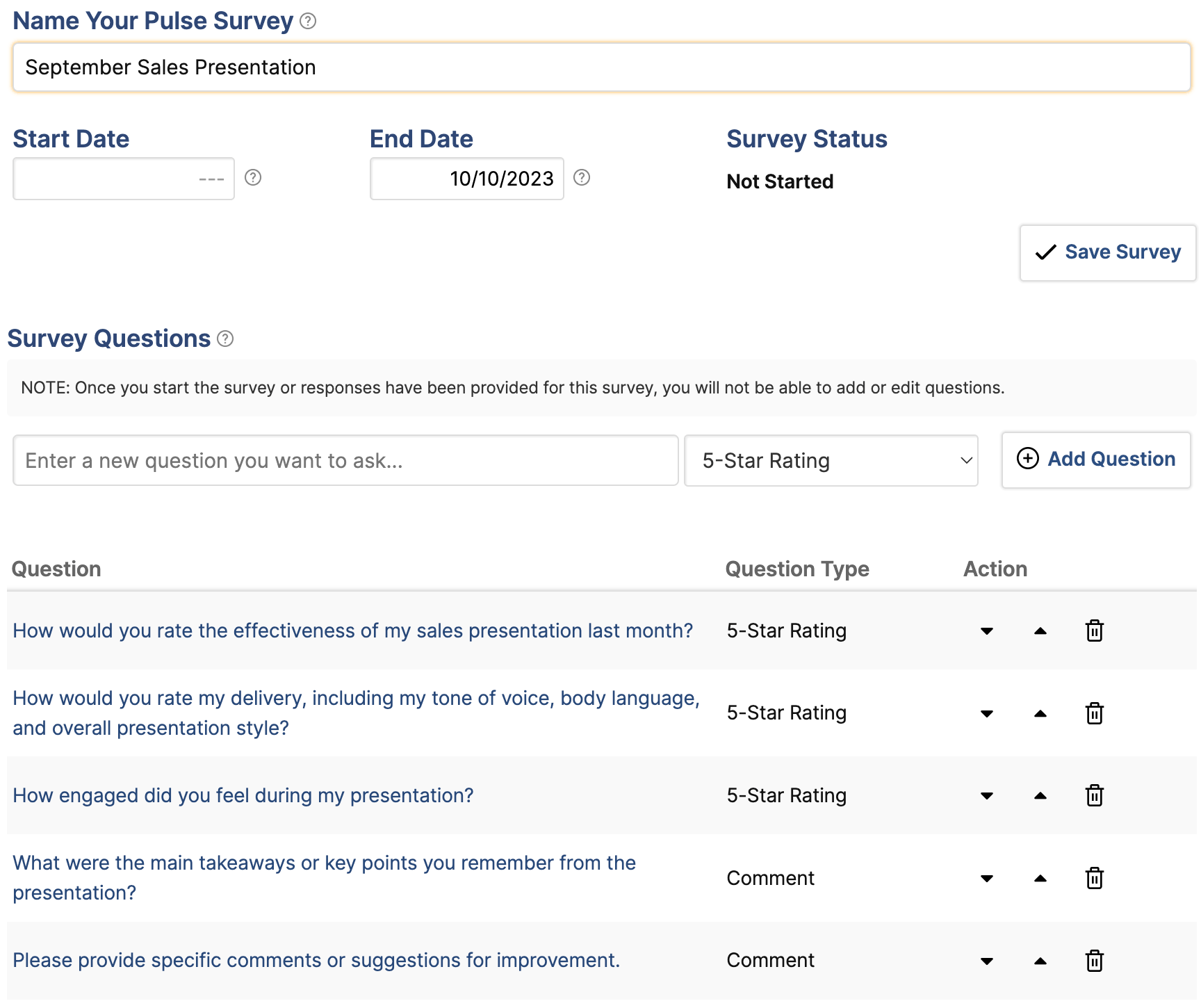 Pulse survey user interface screen