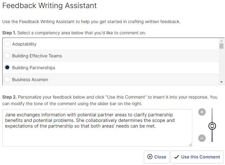 360-degree feedback writing assistant screen